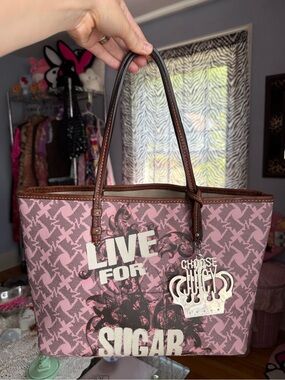 Juicy Couture Pink Canvas Tote with Brown Trim and Crown Charm